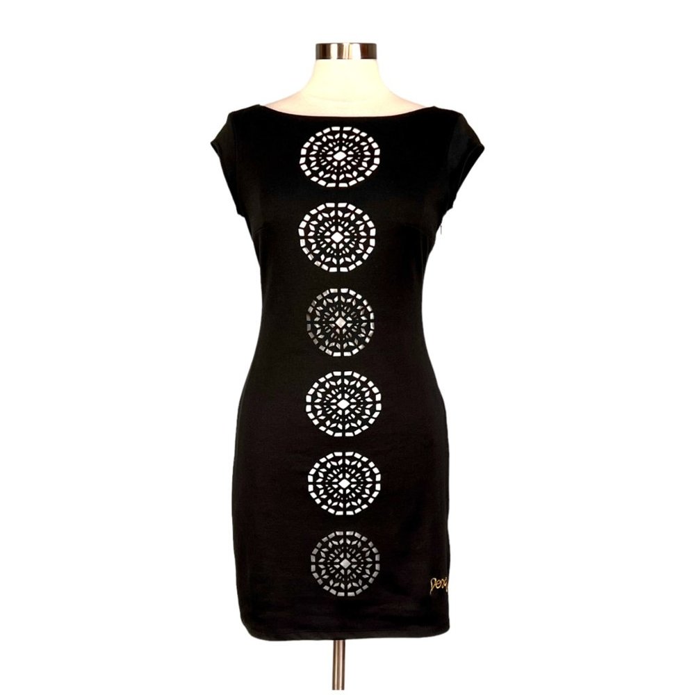 Desigual Black Mini Dress with White Circular Cutout Motif